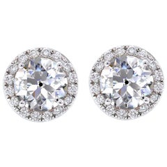 18k Gold 2.03ct Round Old Cut Diamond Halo Earrings Studs Rarever Earrings