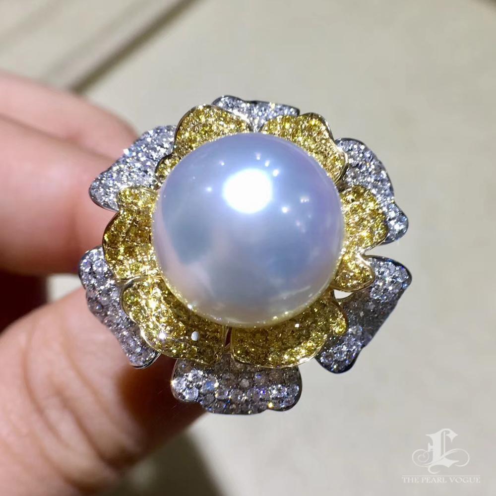 Vine Symphony】Goldene Pfingstrose Südsee Perlen Ring mit gelben & weißen Diamanten im Zustand „Neu“ im Angebot in New York, NY