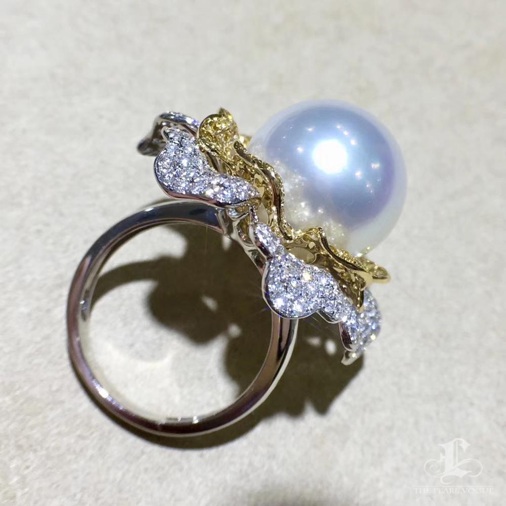 Vine Symphony】Goldene Pfingstrose Südsee Perlen Ring mit gelben & weißen Diamanten im Angebot 2