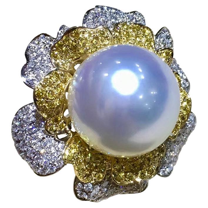 Vine Symphony】Goldene Pfingstrose Südsee Perlen Ring mit gelben & weißen Diamanten im Angebot