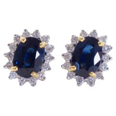 18K Gold 2.10ct Blue Sapphire & 0.36ct Diamond Stud Earring