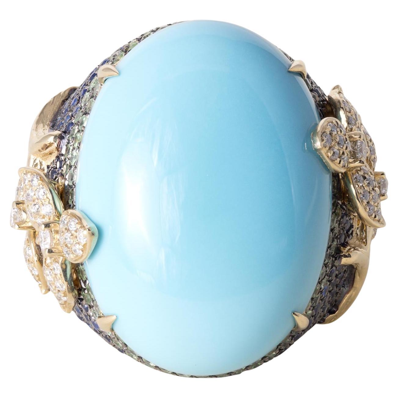 18K Gold 21.17 Carat Turquoise Oval Sapphire and Diamond Floral Ring For Sale