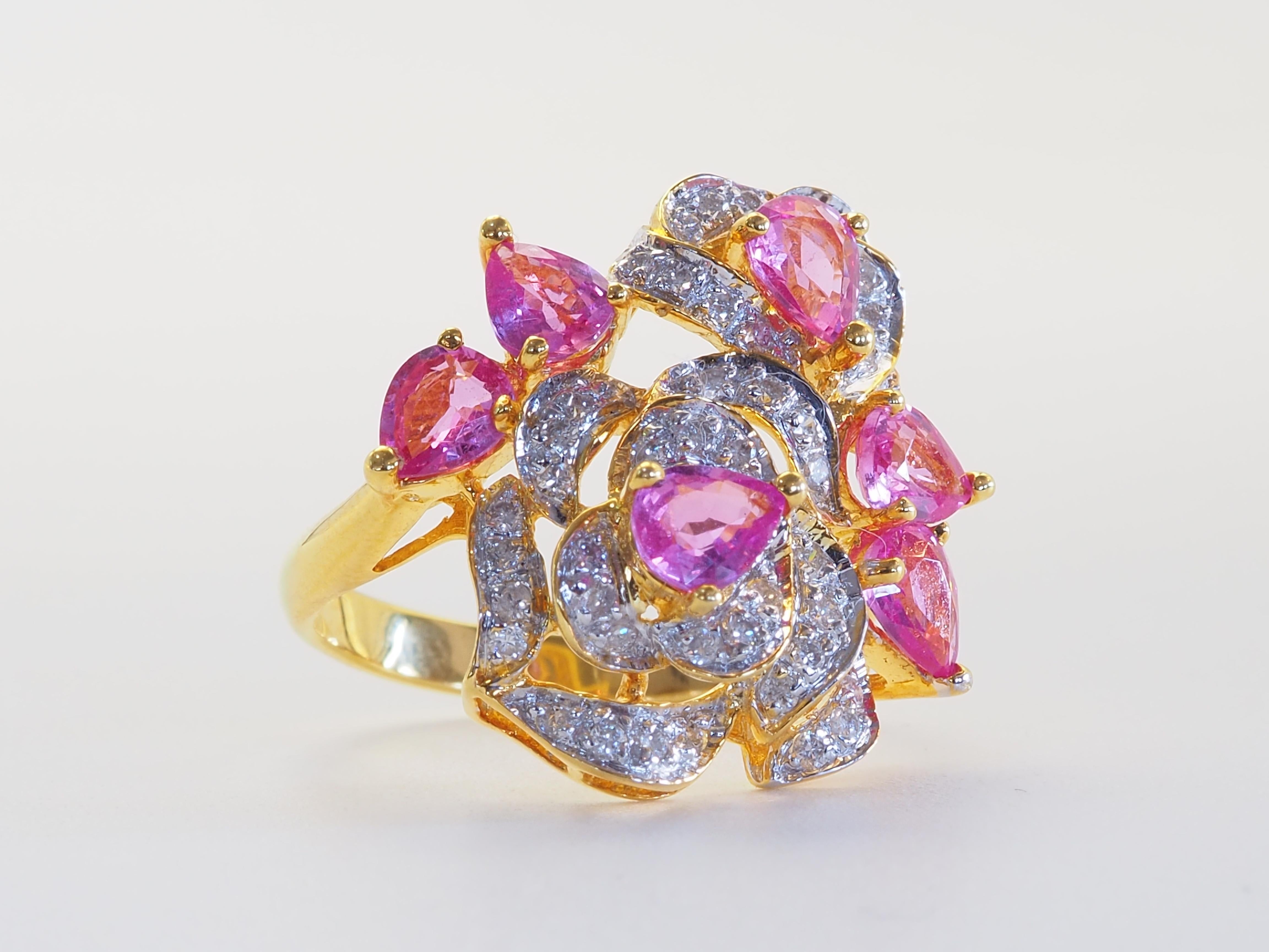 18K Gold 2,11ct Birne Rosa Saphire & 0,35ct Brillant Diamant Rose Ring im Zustand „Neu“ im Angebot in เกาะสมุย, TH