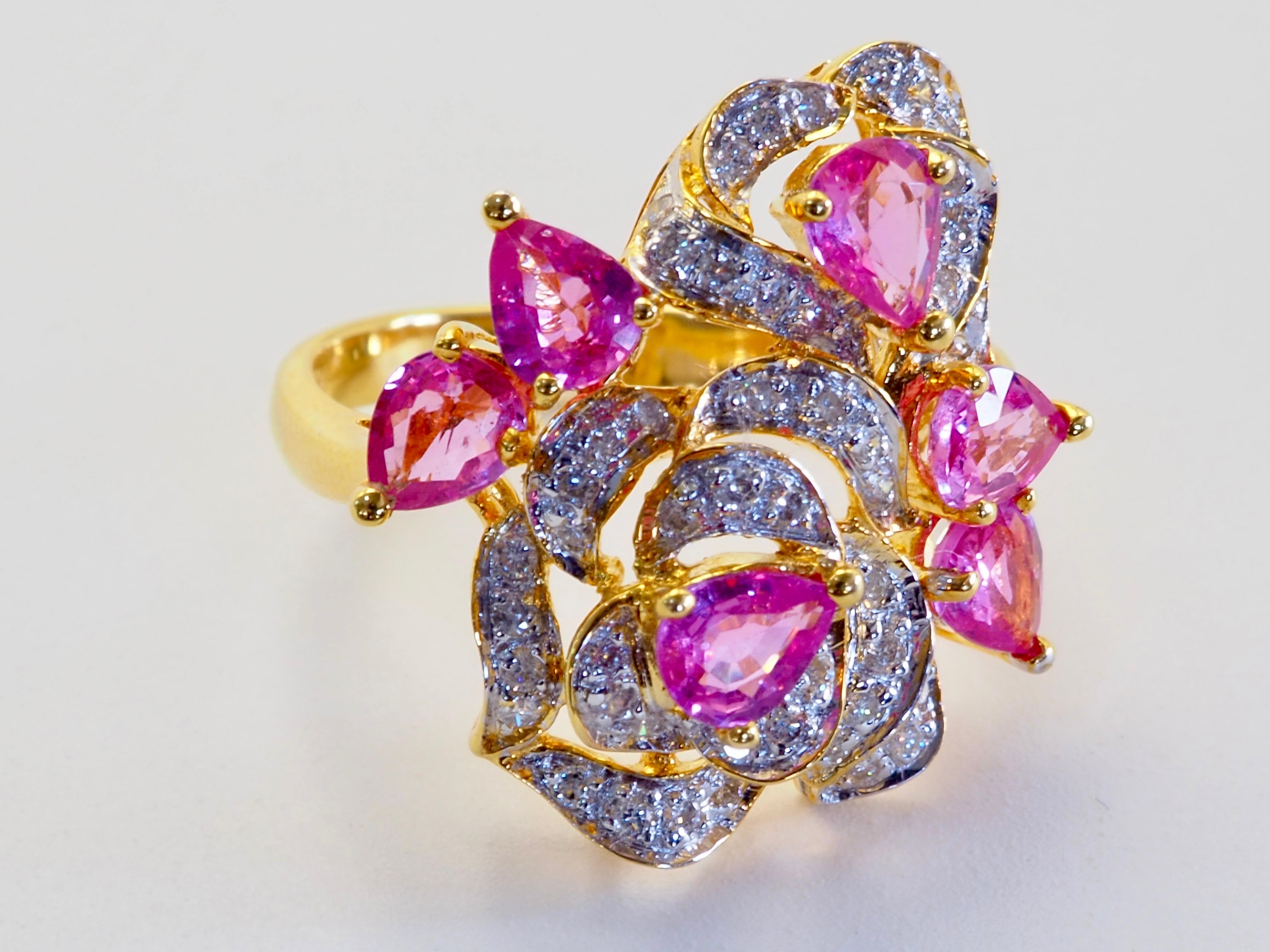 18K Gold 2,11ct Birne Rosa Saphire & 0,35ct Brillant Diamant Rose Ring Damen im Angebot