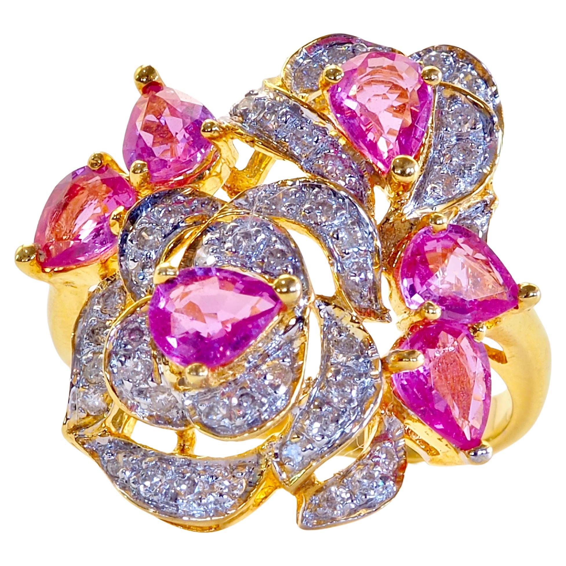 18K Gold 2,11ct Birne Rosa Saphire & 0,35ct Brillant Diamant Rose Ring im Angebot