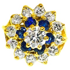 18K Gold. 2.12 Carat Diamond and Blue Sapphire Ring