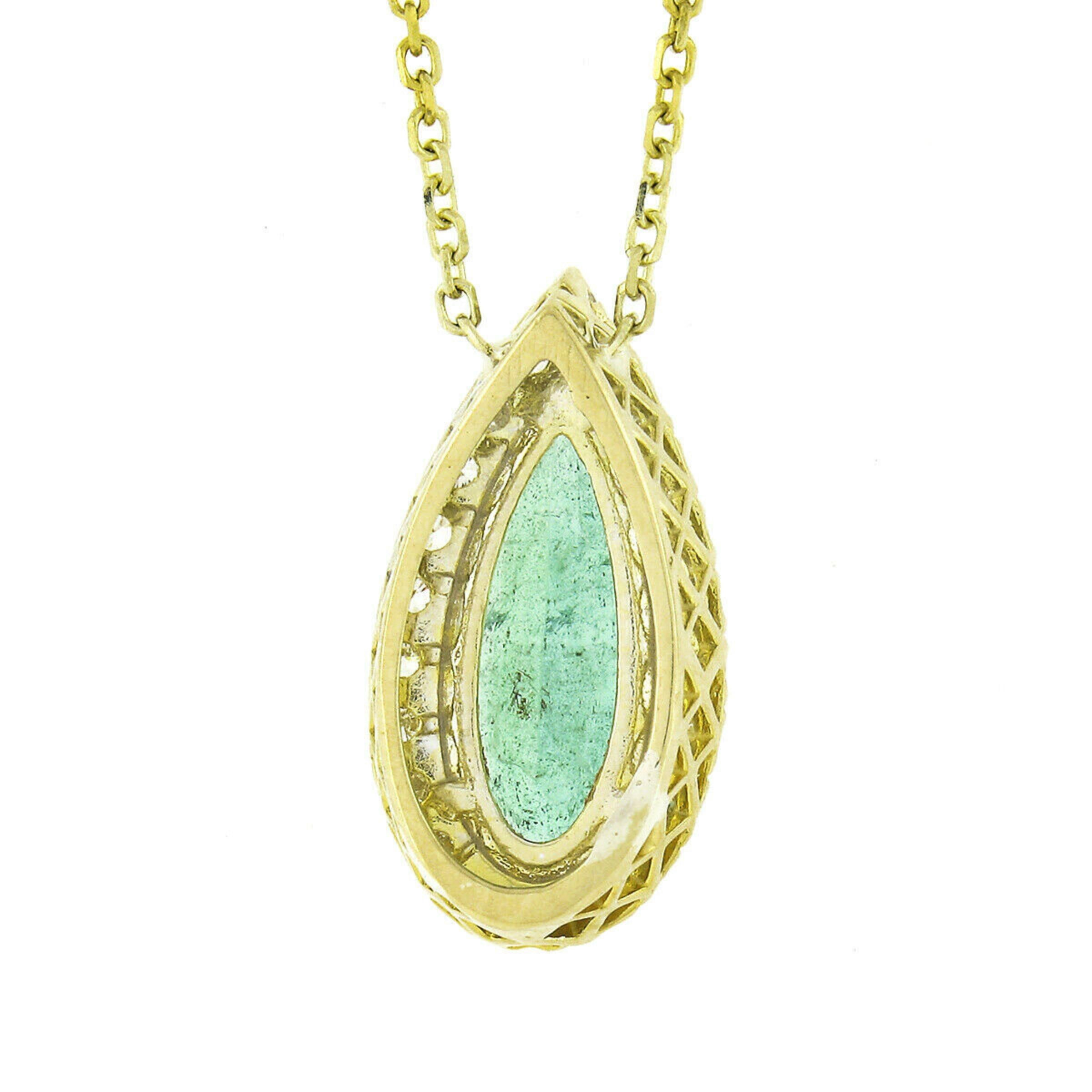 Pear Cut 18K Gold 2.15ct Elongated Pear Emerald w/ Diamond Halo Teardrop Pendant Necklace For Sale
