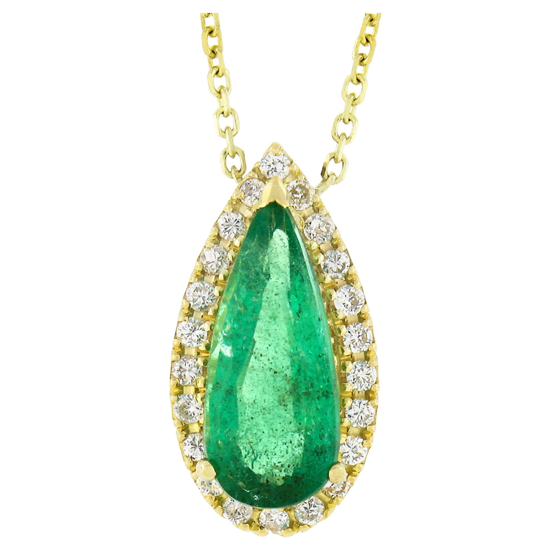 18K Gold 2.15ct Elongated Pear Emerald w/ Diamond Halo Teardrop Pendant Necklace