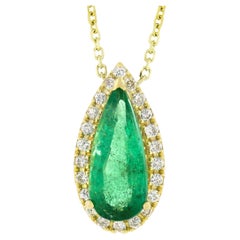 18K Gold 2.15ct Elongated Pear Emerald w/ Diamond Halo Teardrop Pendant Necklace