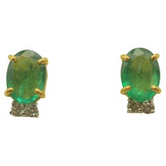 18K Gold 2.15ct Oval Emerald & 0.10ct Diamond Fine Stud Earrings