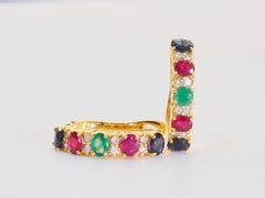 18K Gold 2,15ct Oval Rubin, Saphir, Smaragd & 0,20ct Diamant Ohrringe mit Riegel