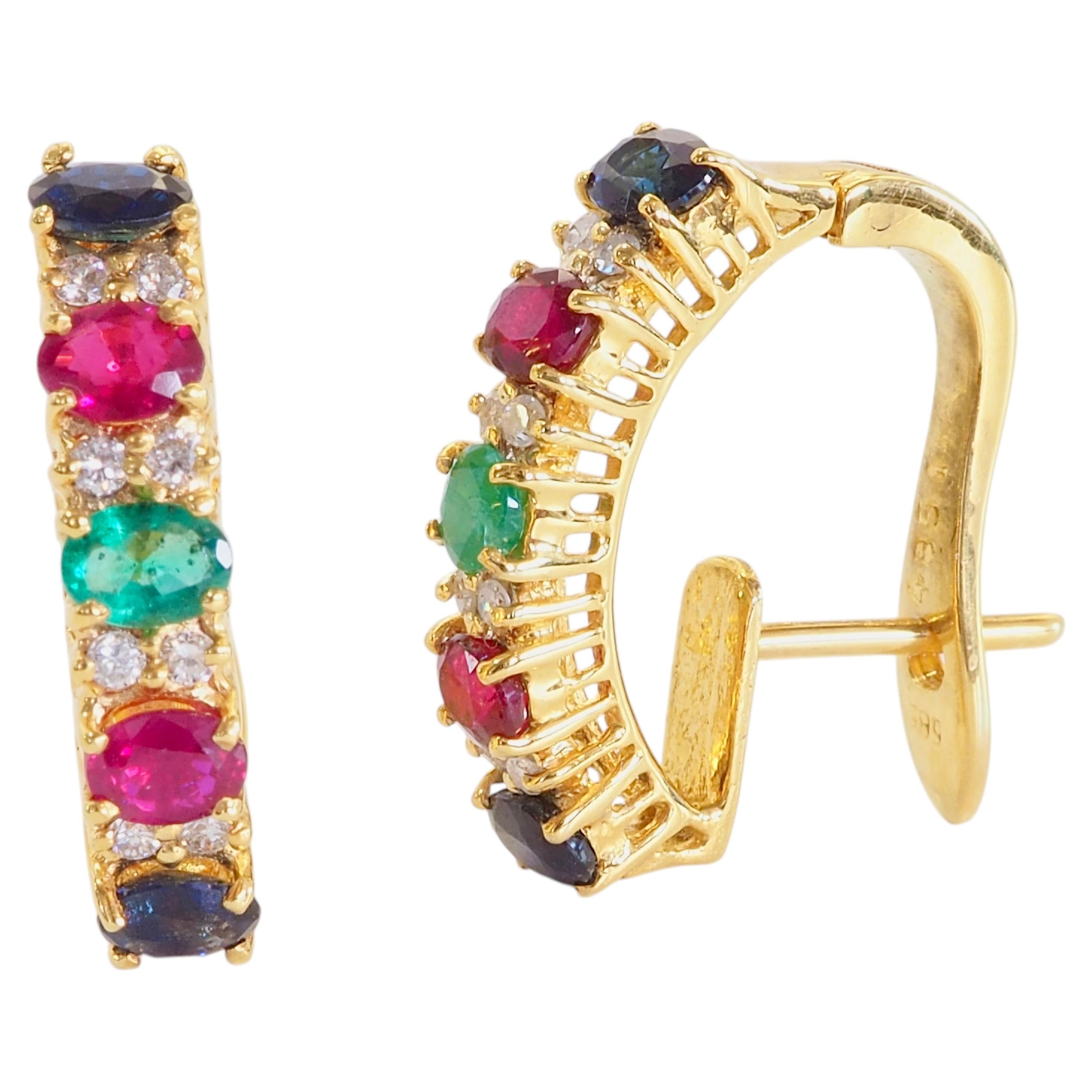 18K Gold 2.15ct Oval Ruby, Sapphire, Emerald & 0.20ct Diamond Latch Earrings
