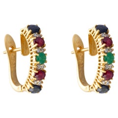 Vintage 18K Gold 2.15ctw Ruby, Sapphire, Emerald & 0.20ct Diamond Earring