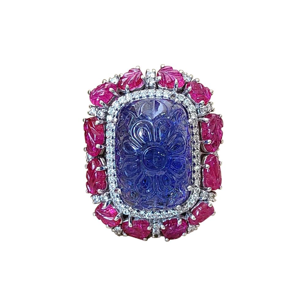 18k Gold, 21.67 Carats Carved Tanzanite, Ruby Leaves & Diamonds Cocktail Ring