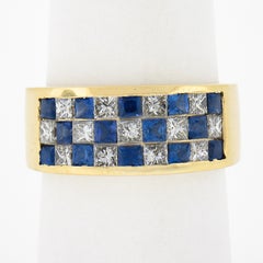 18K Gold 2.16ctw Invisible Set Alternating Sapphire Diamond Wide Stack Band Ring