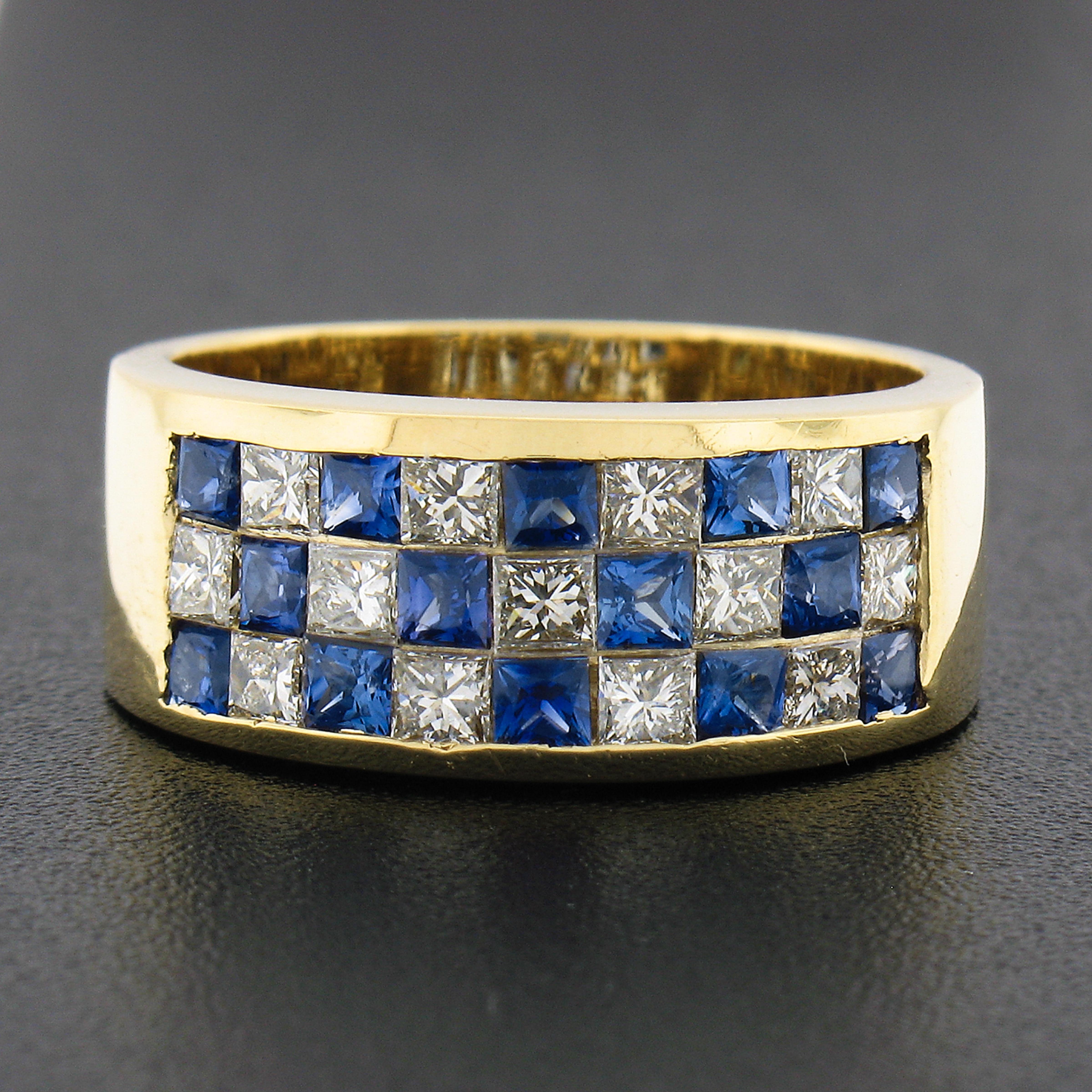 Square Cut 18K Gold 2.16ctw Invisible Set Alternating Sapphire Diamond Wide Stack Band Ring For Sale