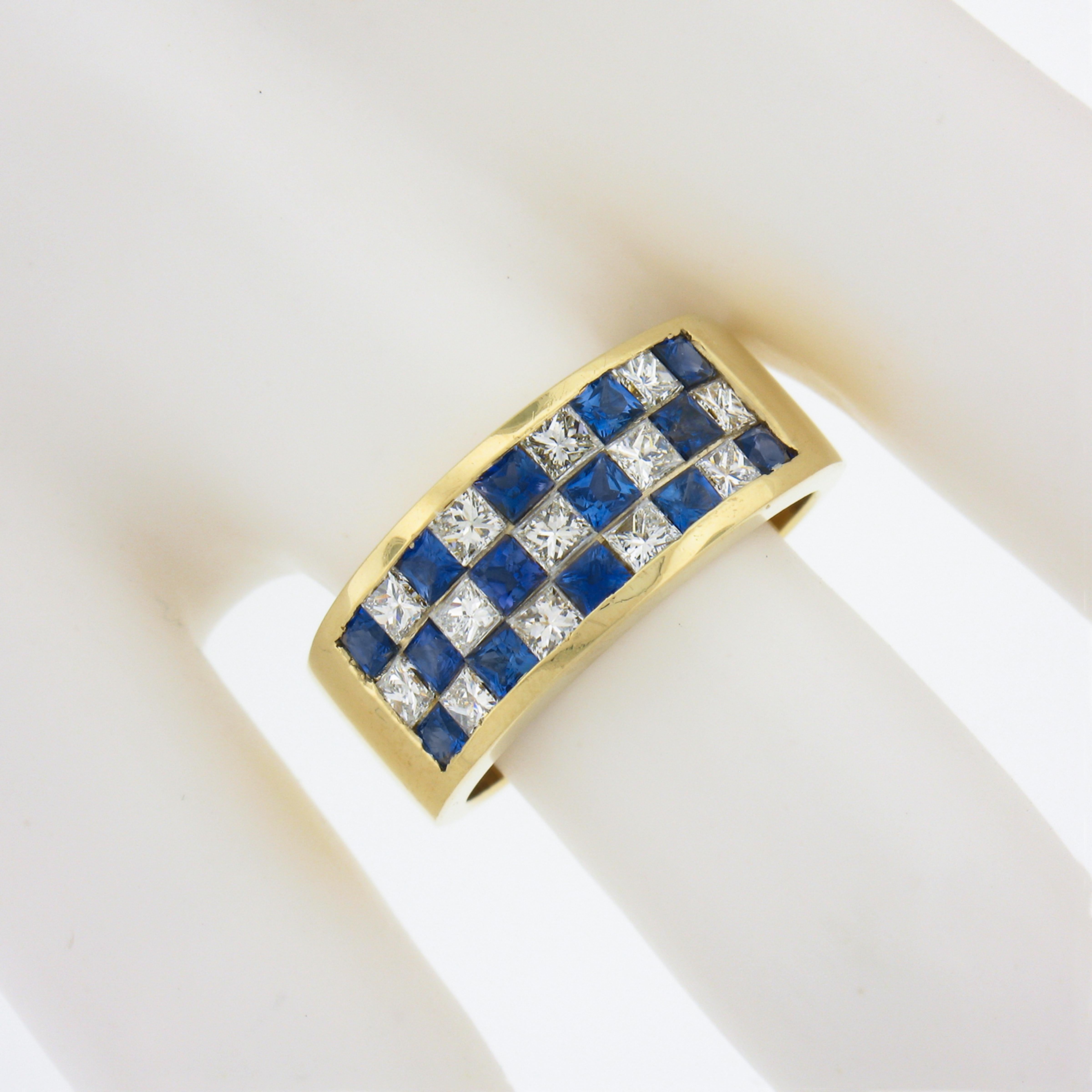 18K Gold 2.16ctw Invisible Set Alternating Sapphire Diamond Wide Stack Band Ring In Excellent Condition For Sale In Montclair, NJ