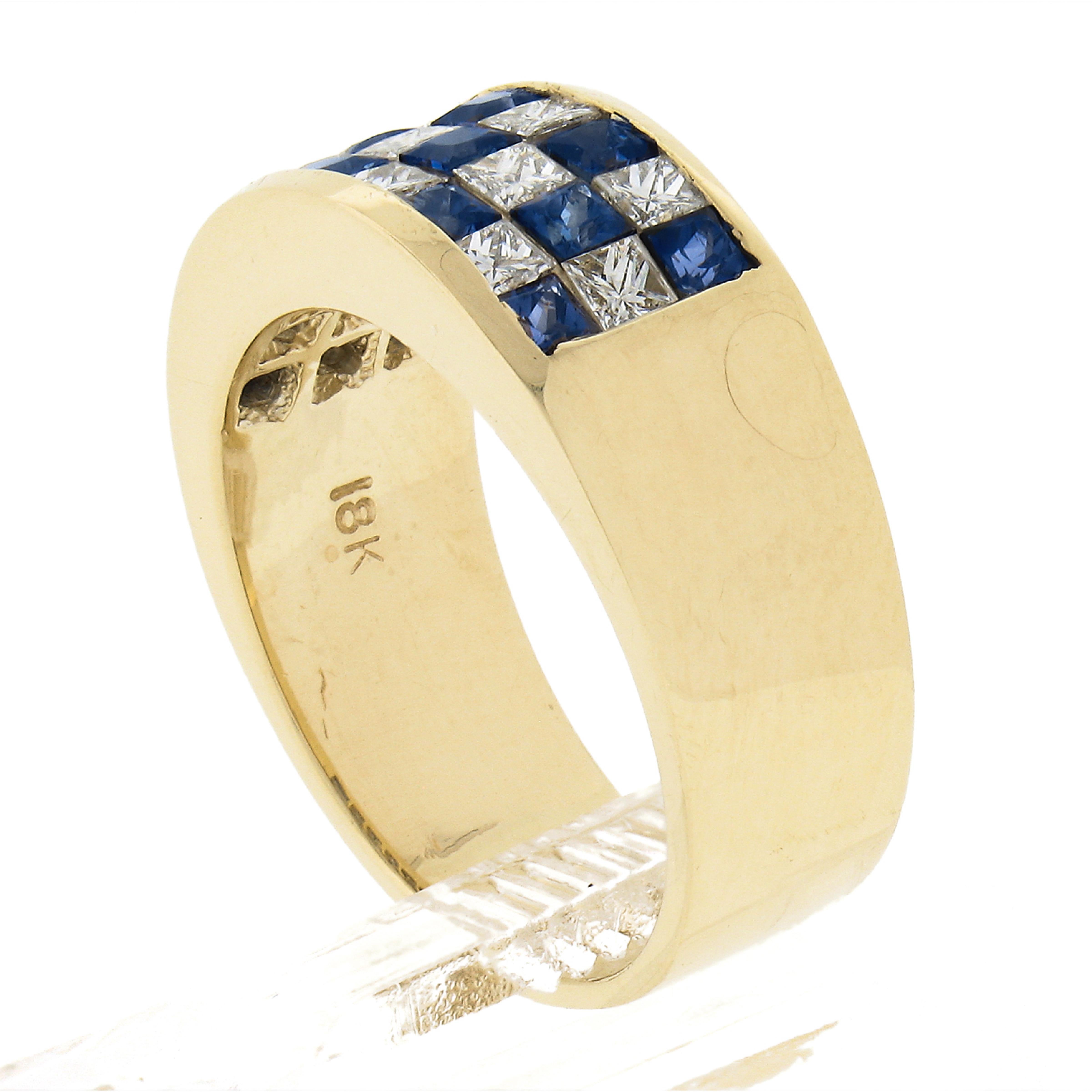 18K Gold 2.16ctw Invisible Set Alternating Sapphire Diamond Wide Stack Band Ring For Sale 4