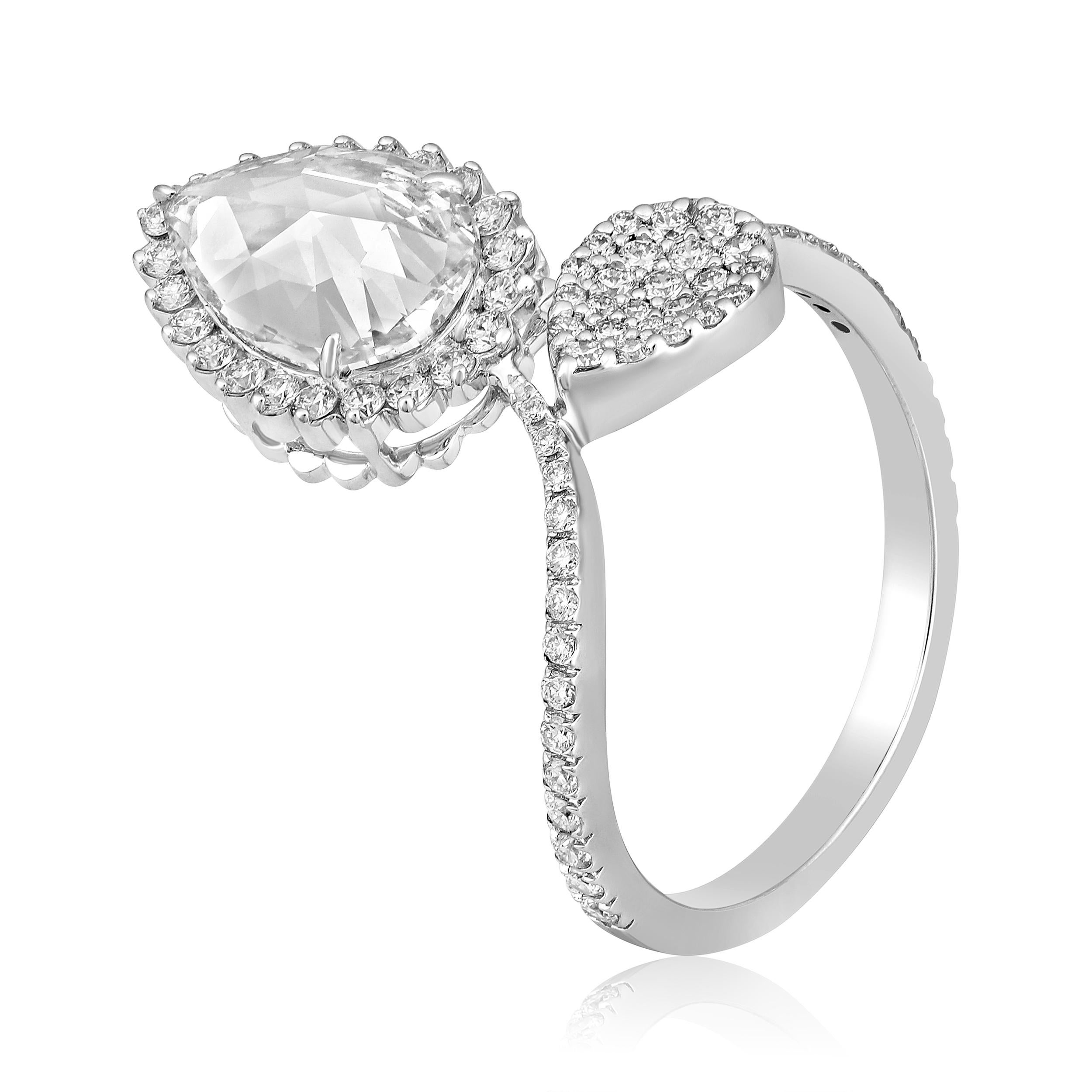 Crafted in 3.648 grams of 18K White Gold, the ring contains 75 stone of Round Lab Created Diamond with a total of 0.51 carat in D-F color and VVS-VS clarity combined with 1 stones of Rose Cut Round Side Lab Created Diamonds with a total of 1.59