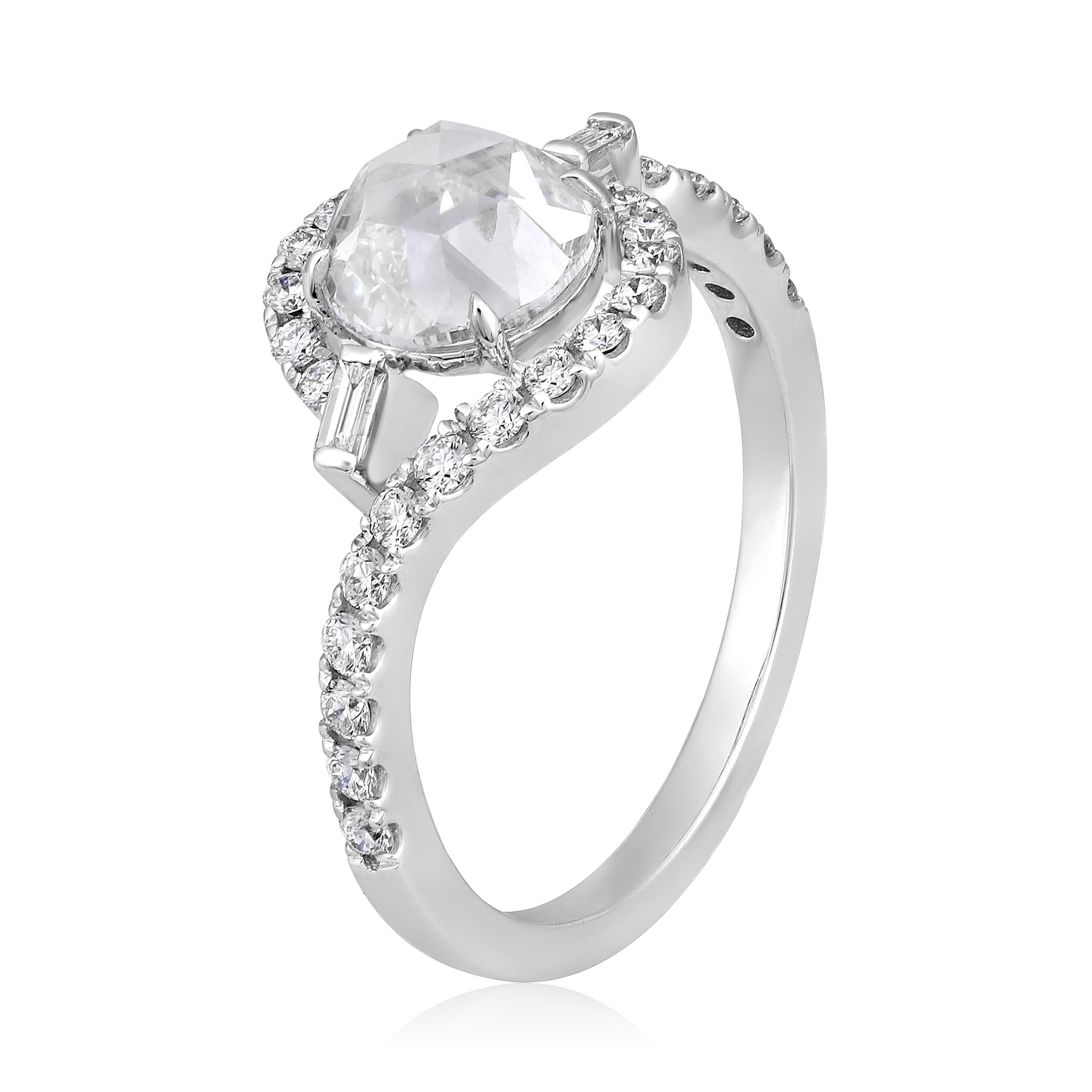 Crafted in 3.492 grams of 18K White Gold, the ring contains 48 stone of Round Lab Created Diamond with a total of 0.6 carat in D-F color and VVS-VS clarity combined with 1 stones of Rose Cut Round Lab Created Diamond with a total of 1.54 carat in