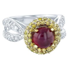 18k Gold 2.35 Carat Cabochon Ruby with 1.55 Carat Diamonds on a Split Shank Ring
