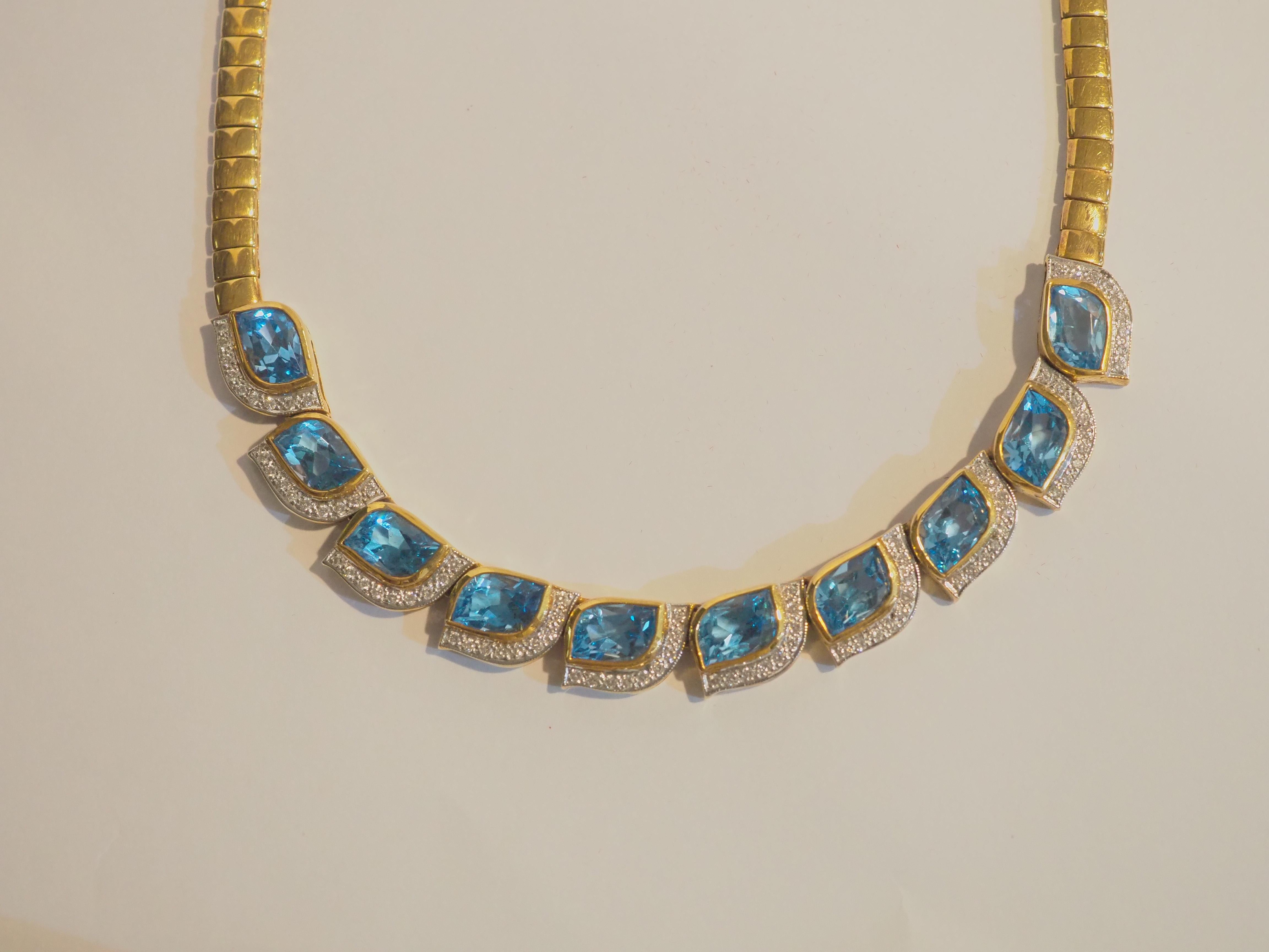 Mixed Cut 18K Gold 23.56ct Fancy Blue Topaz & 1.10ct Diamond Chain Necklace For Sale