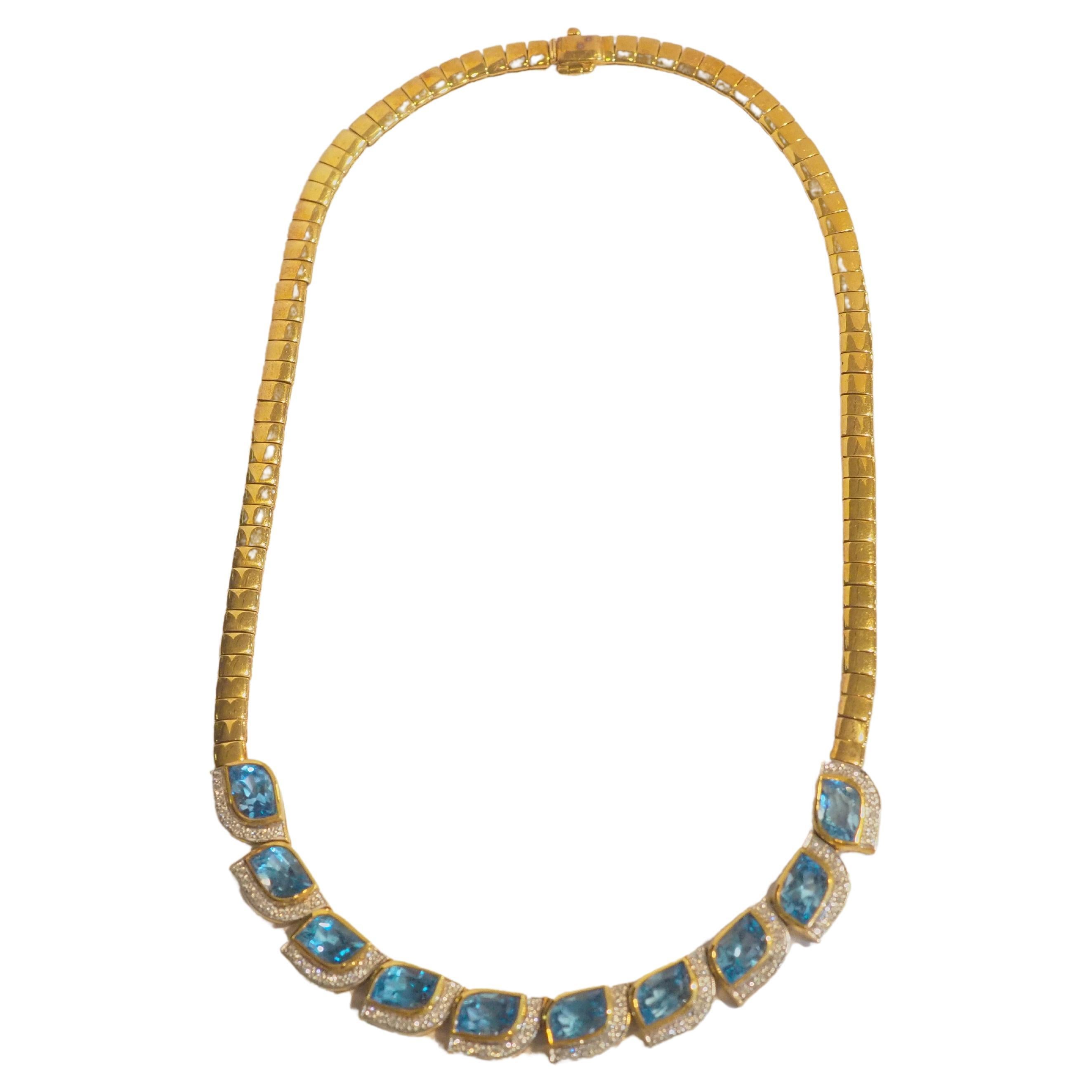 18K Gold 23.56ct Fancy Blue Topaz & 1.10ct Diamond Chain Necklace For Sale
