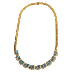 18K Gold 23.56ct Fancy Blue Topaz & 1.10ct Diamond Chain Necklace