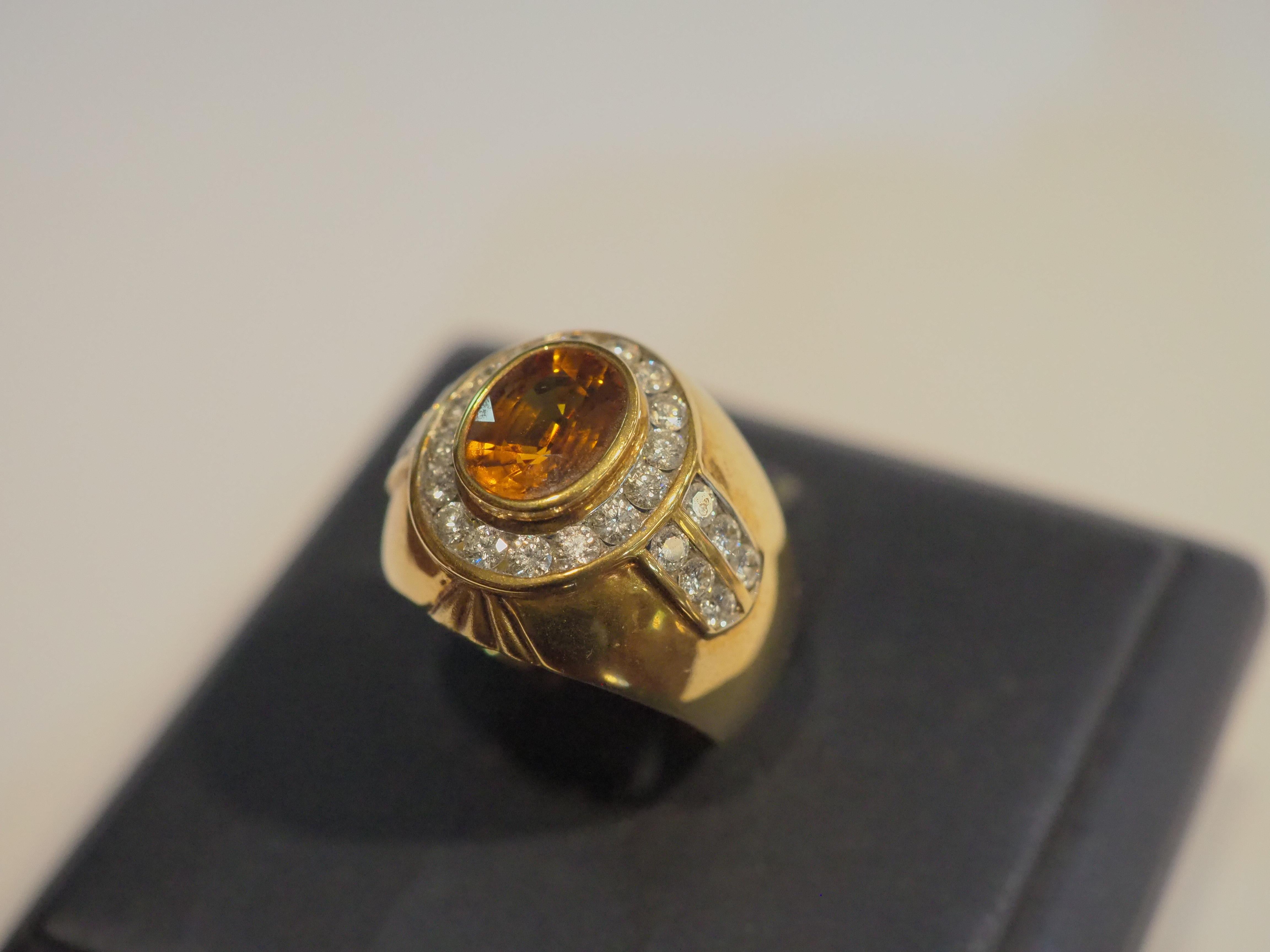 18K Gold 2.37ct Orangish Yellow Sapphire & 1.20ct Diamond Men's Trombino Ring For Sale 1