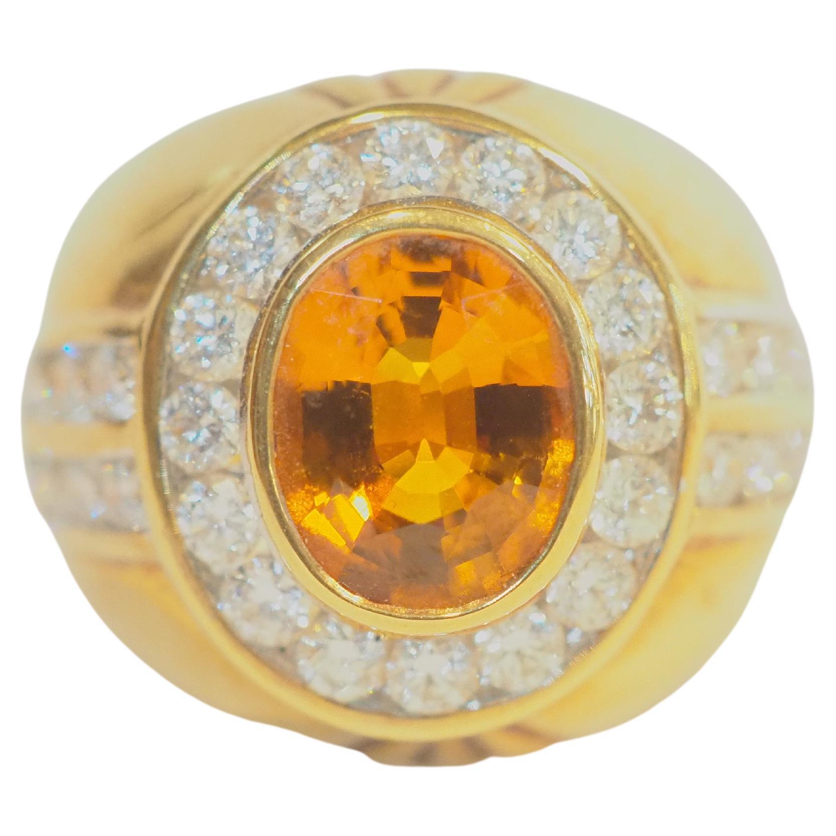 18K Gold 2.37ct Orangish Yellow Sapphire & 1.20ct Diamond Men's Trombino Ring For Sale