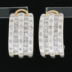 18K Gold 2.3ct Channel Princess & Burnish Round Diamond 5 Row Cuff Omega Earring