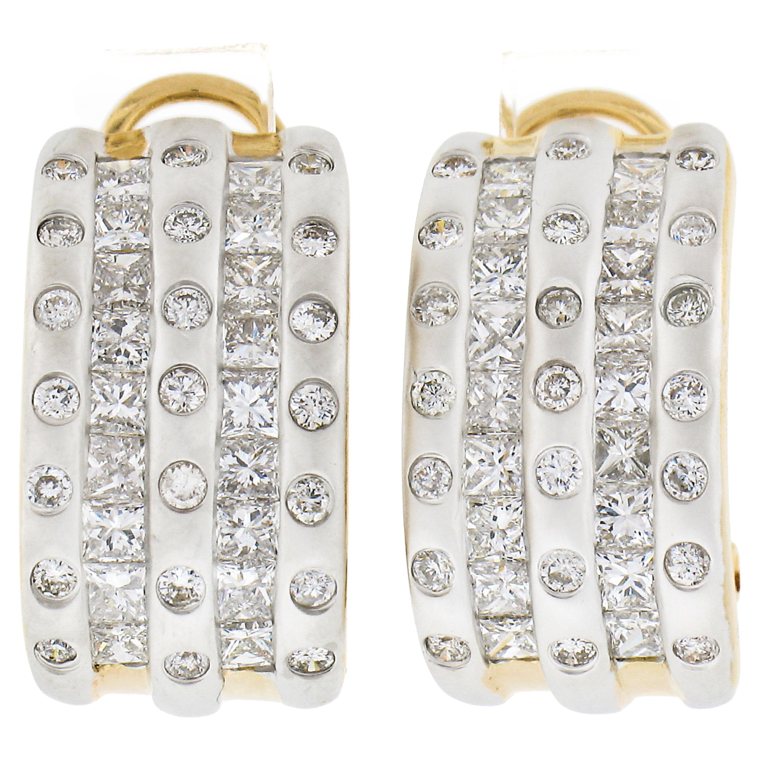 18K Gold 2.3ct Channel Princess & Burnish Round Diamond 5 Row Cuff Omega Earring For Sale