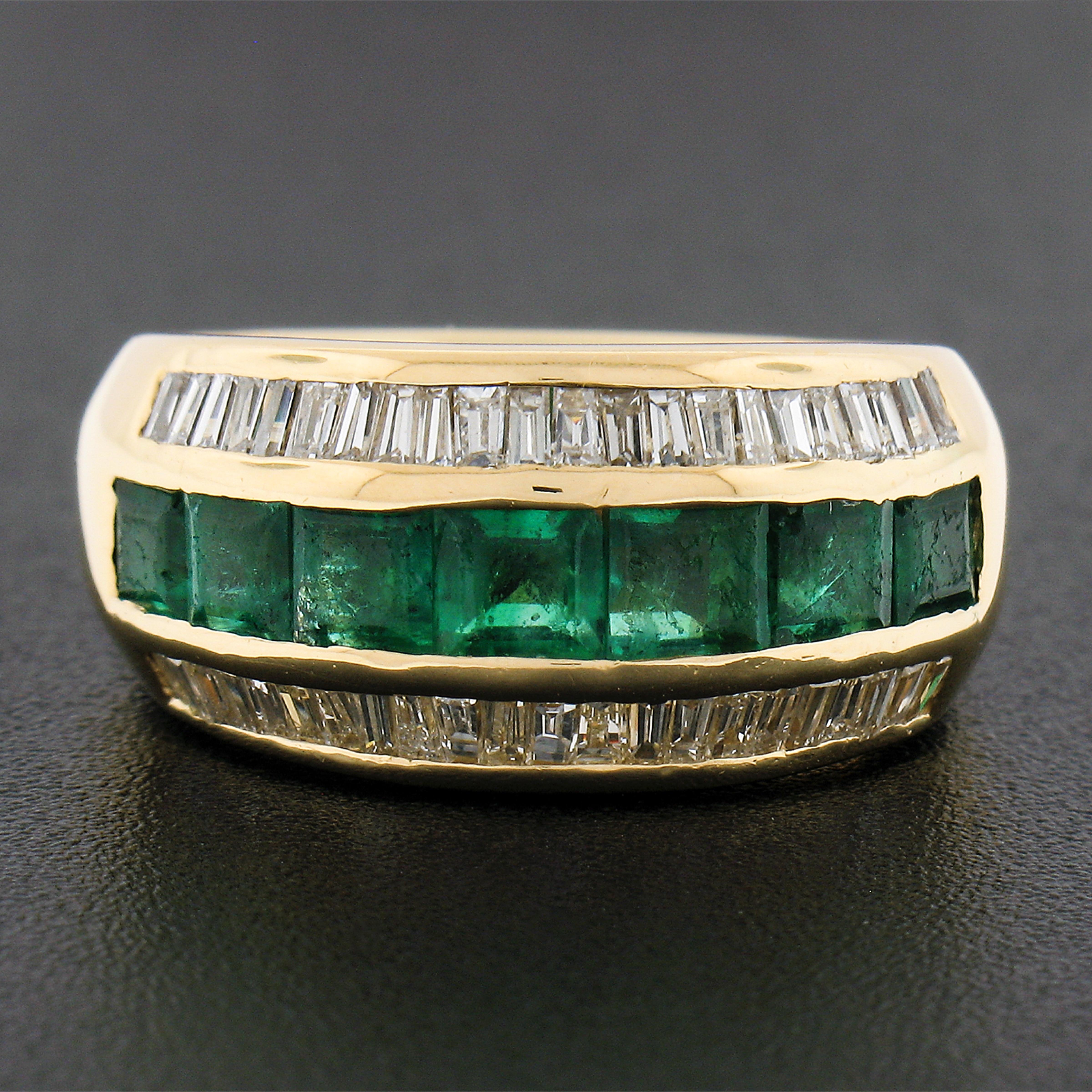 Square Cut 18k Gold 2.40ctw Square Step Cut Emerald W/ Diamond Wide Statement Band Ring For Sale
