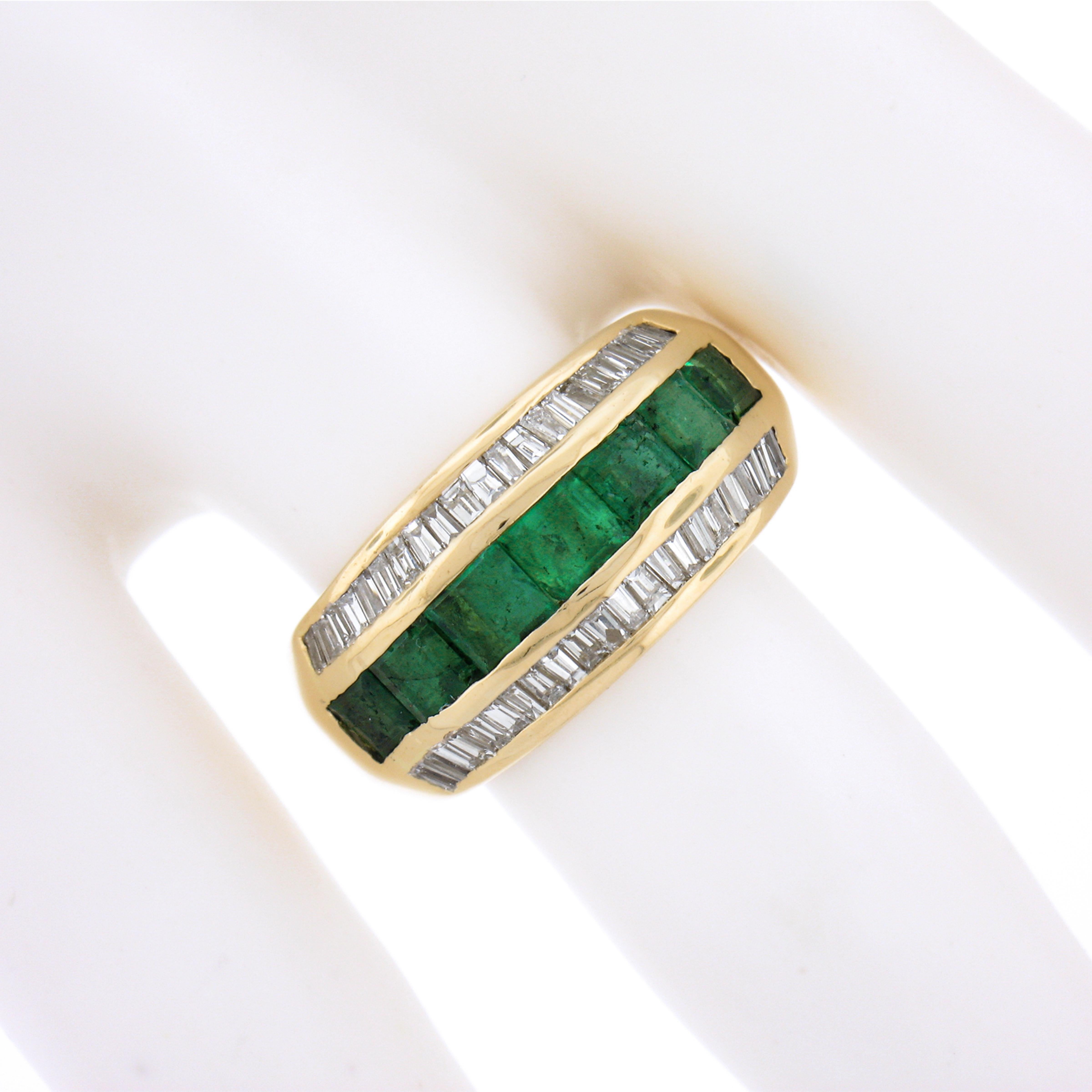 18k Gold 2.40ctw Square Step Cut Emerald W/ Diamond Wide Statement Band Ring In Good Condition For Sale In Montclair, NJ