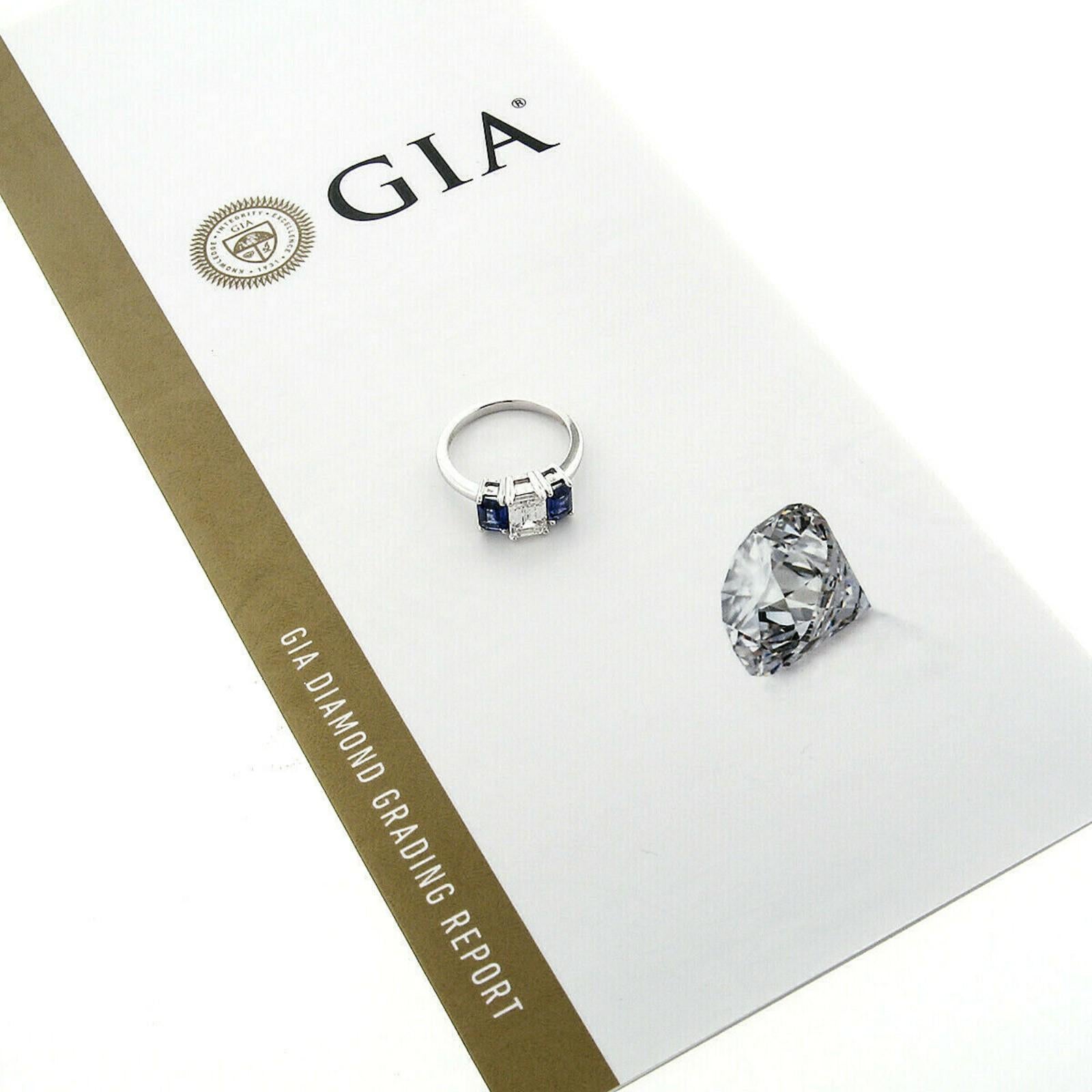 18 Karat Gold 2.45 Carat GIA Emerald Cut Diamond and Sapphire 3 Three Stone Ring 6