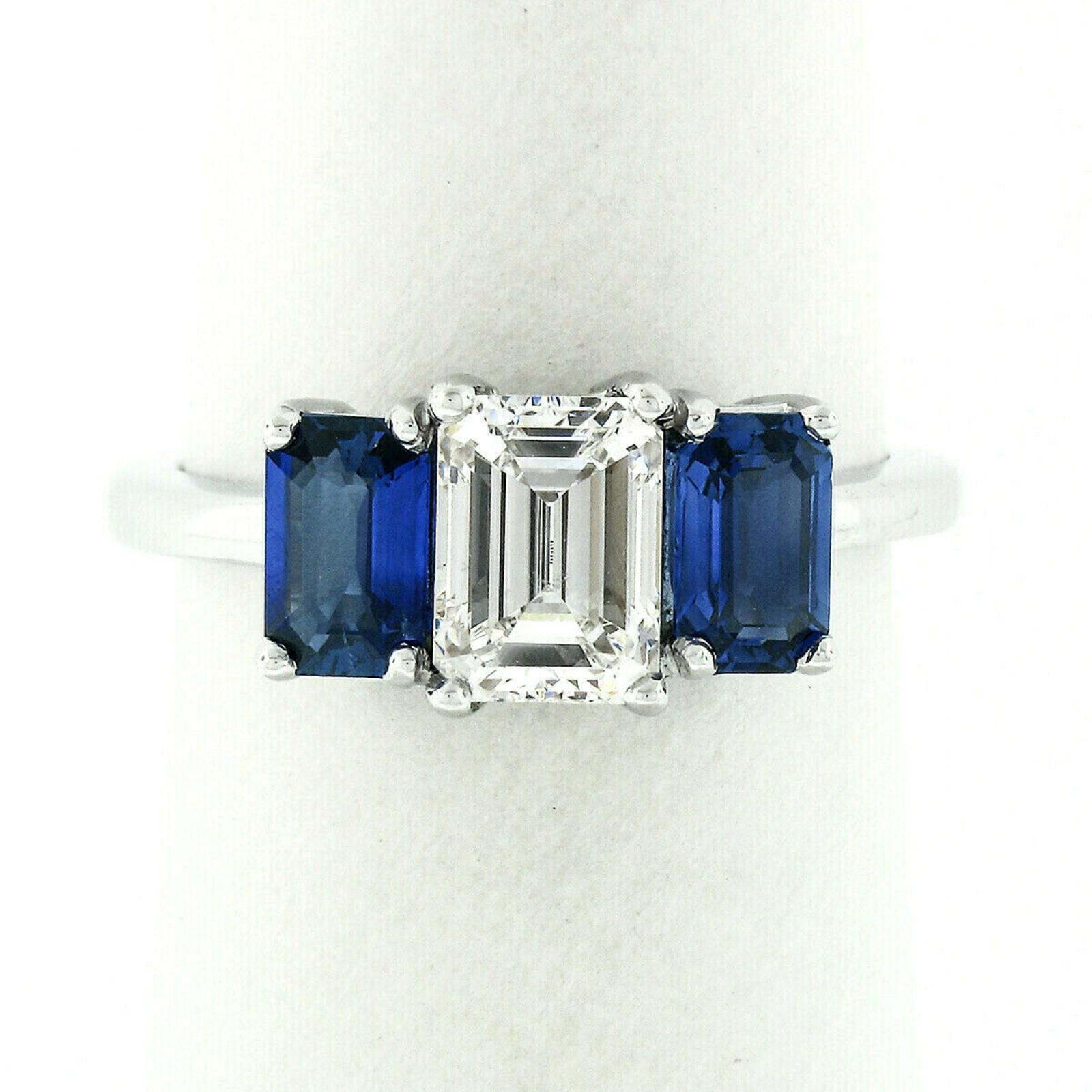 Women's 18 Karat Gold 2.45 Carat GIA Emerald Cut Diamond and Sapphire 3 Three Stone Ring