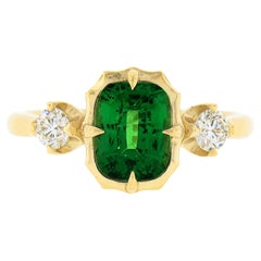 18k Gold 2.53ctw GIA Cushion Green Tsavorite & Round Diamonds Three 3 Stone Ring