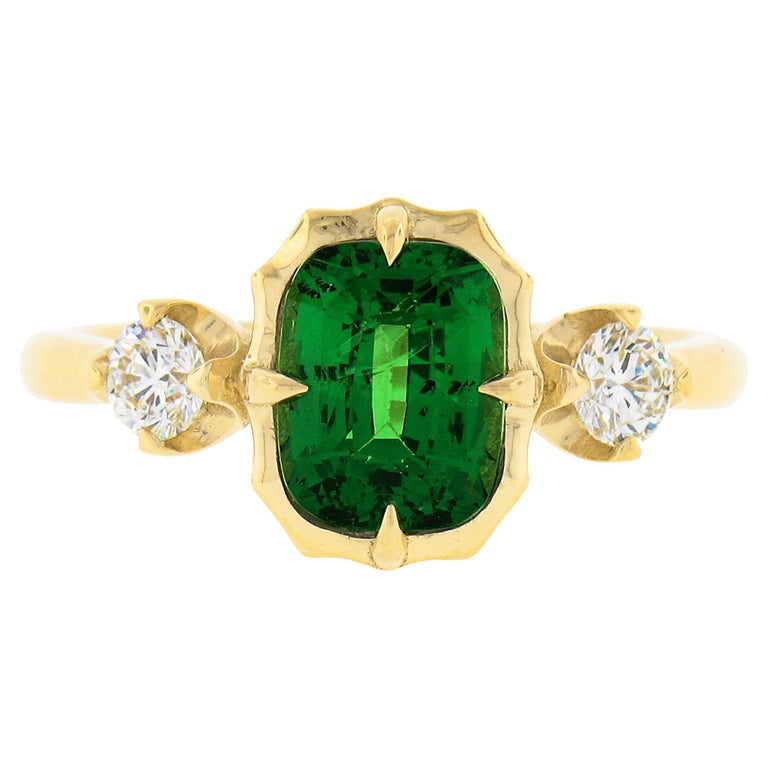 18k Gold 2.53ctw GIA Cushion Green Tsavorite and Round Diamonds Three 3