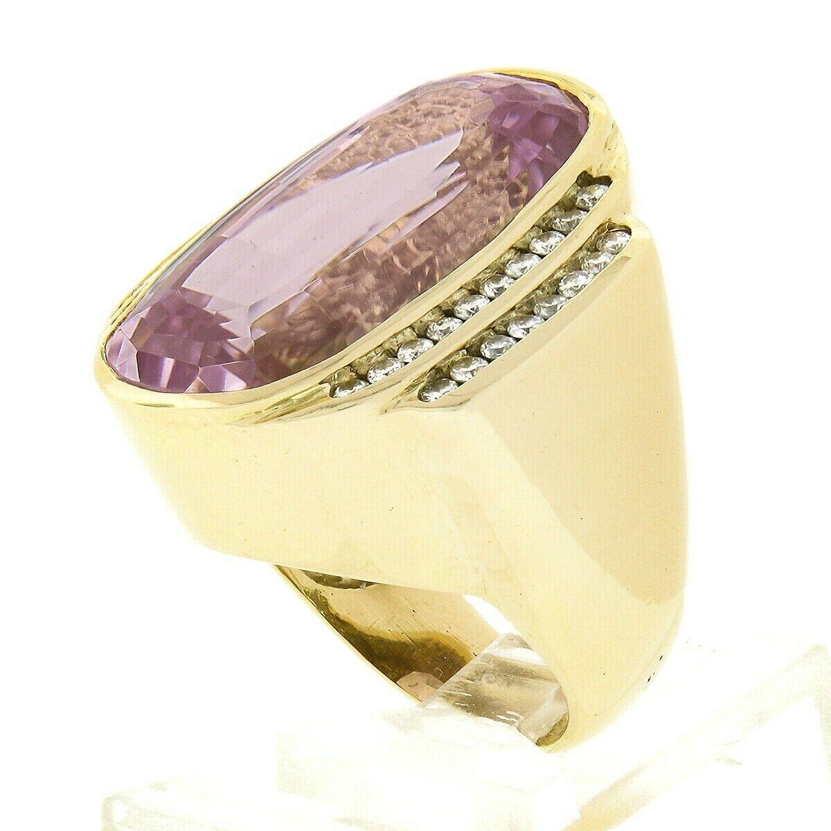 18k Gold 25.72ct Oval Step Cut Bezel Kunzite Solitaire w/ Diamond Cocktail Ring For Sale 1