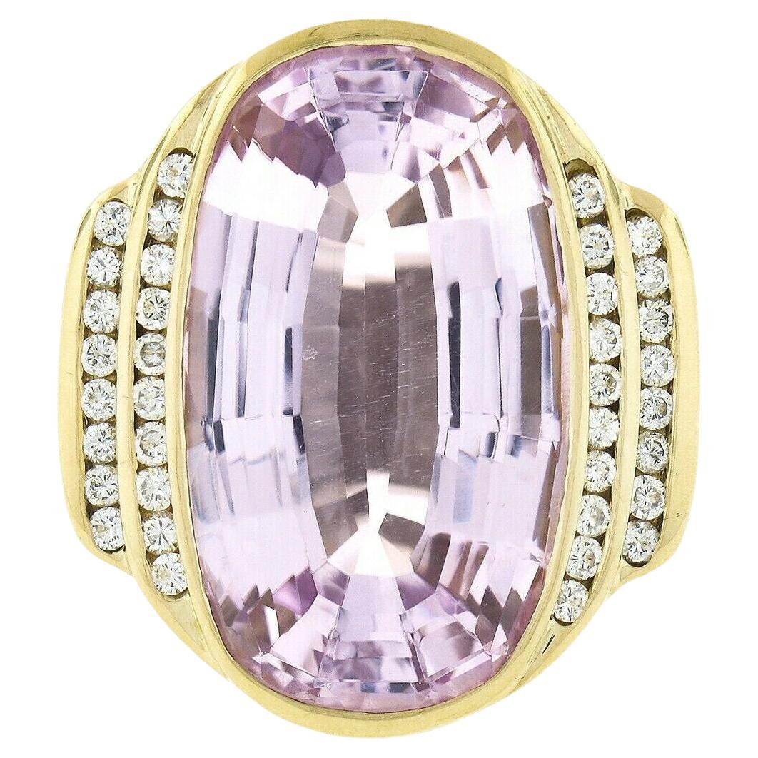 18k Gold 25.72ct Oval Step Cut Bezel Kunzite Solitaire w/ Diamond Cocktail Ring For Sale
