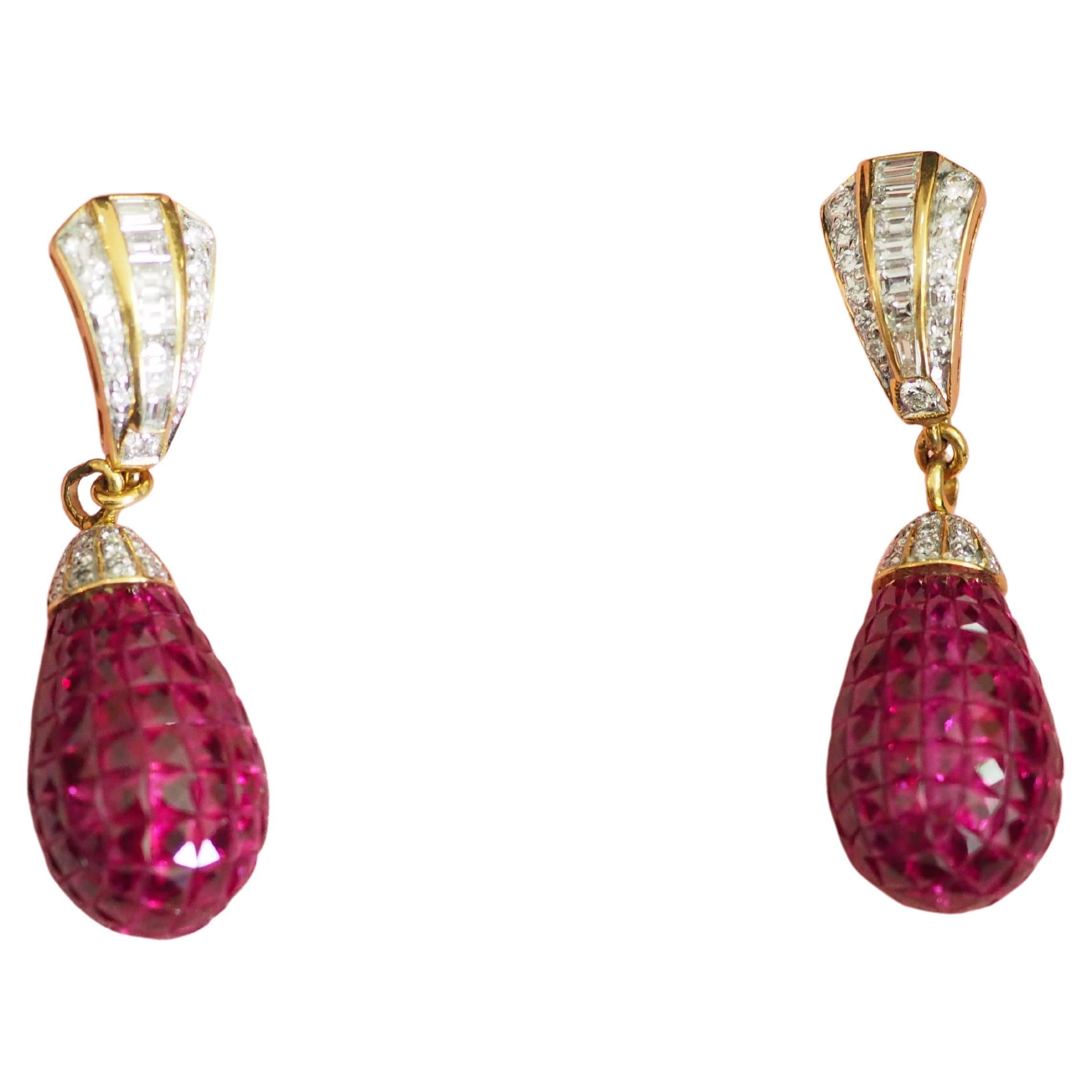18k Gold 26 Carats Faberge Ruby & Diamond Pear Dangle Earrings For Sale