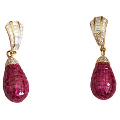 Vintage 18k Gold 26 Carats Faberge Ruby & Diamond Pear Dangle Earrings
