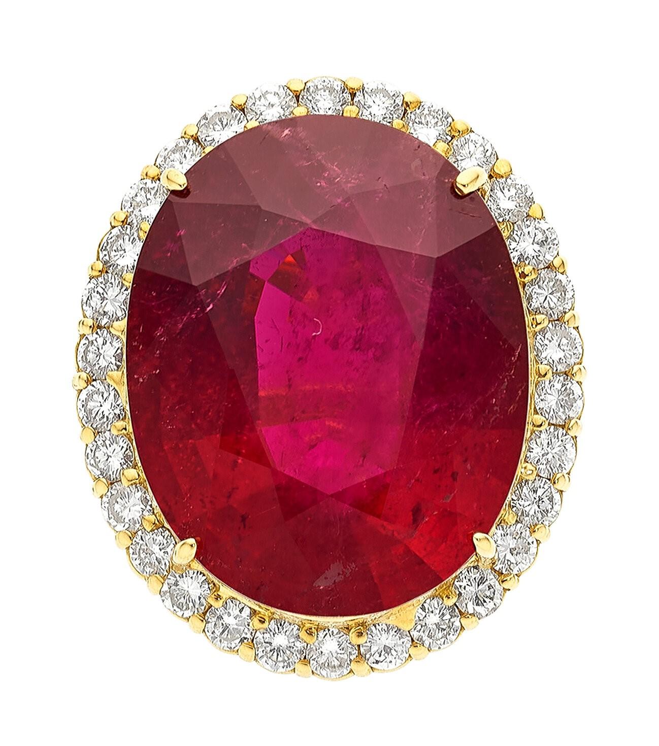 Women's or Men's 18k Gold & 26.25ct Oval Rubellite Tourmaline Ring with 1.47ct Diamonds, Size 6.5 For Sale
