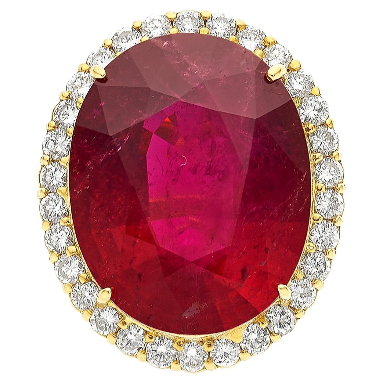 18k Gold & 26.25ct Oval Rubellite Tourmaline Ring with 1.47ct Diamonds, Size 6.5
