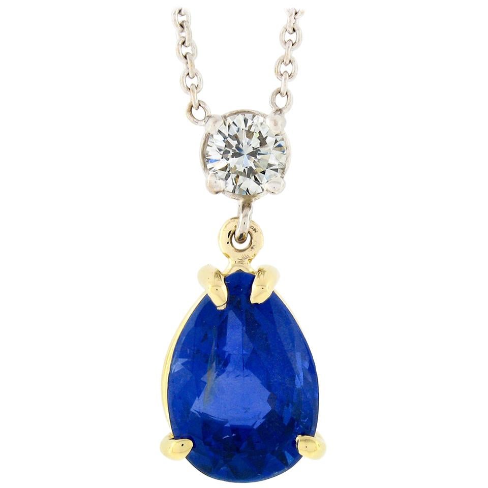 18k Gold 2.62ctw GIA Burma Sapphire and Diamond Pear Tear Drop Pendant Necklace For Sale