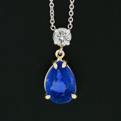 18k Gold 2.62ctw GIA Burma Sapphire and Diamond Pear Tear Drop Pendant Necklace