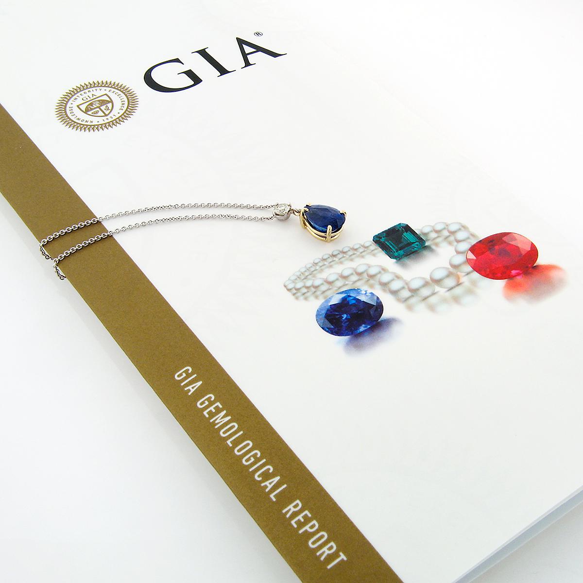 Women's 18k Gold 2.62ctw GIA Burma Sapphire and Diamond Pear Tear Drop Pendant Necklace For Sale