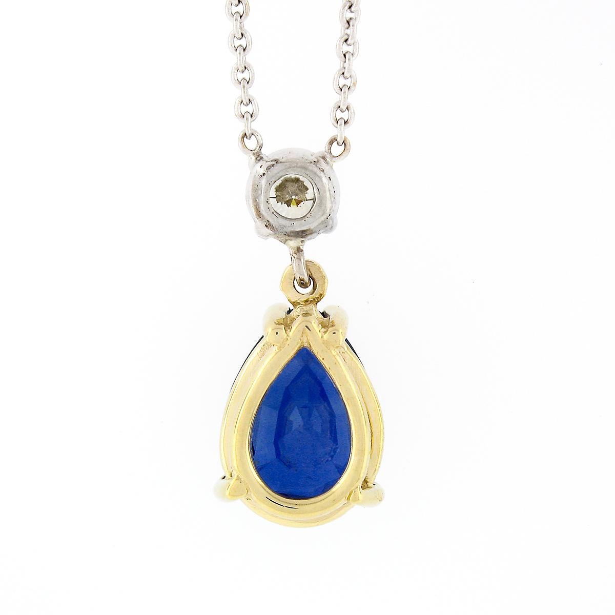 18k Gold 2.62ctw GIA Burma Sapphire and Diamond Pear Tear Drop Pendant Necklace For Sale 1