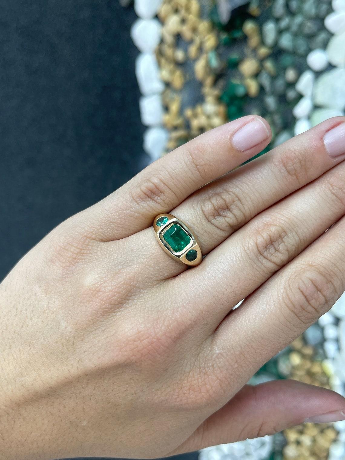 Emerald Cut 18K Gold 2.63tcw Natural Emerald Three Stone Ring, Medium Dark Green Trilogy For Sale