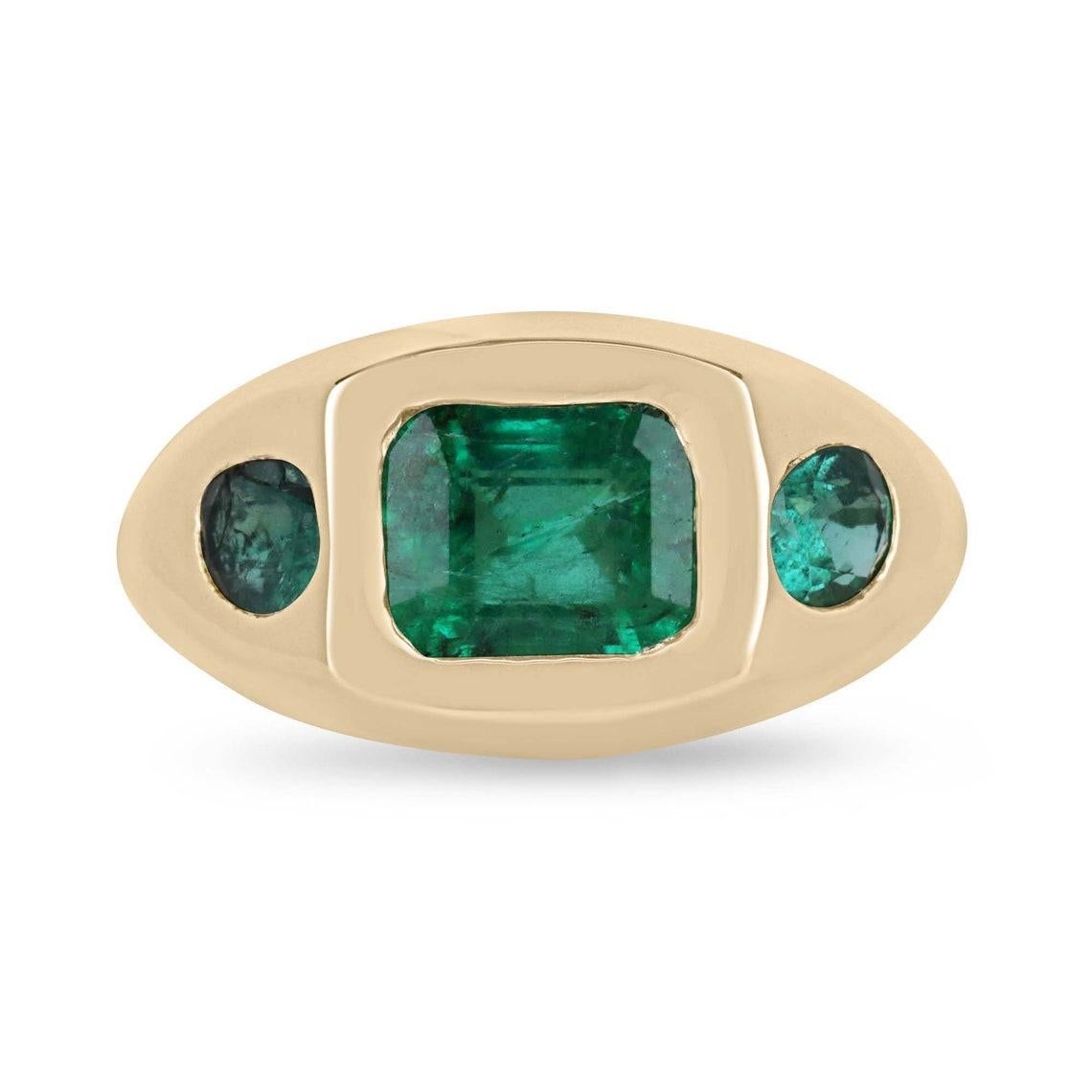 18K Gold 2.63tcw Natural Emerald Three Stone Ring, Medium Dark Green Trilogy